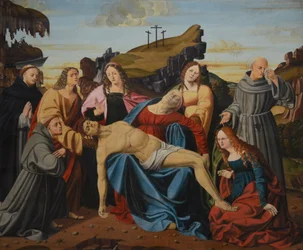 Die Beweinung Christi, mit der Jungfrau, dem heiligen Petrus Märtyrer, dem heiligen Franziskus, dem heiligen Johannes dem Evangelisten, der heiligen Maria Ägyptiaca und der heiligen Agathe